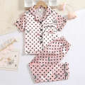 Girls' summer sleepwear thin design children's baby strawberry color Ding ice silk cool and cute home clothes two piece set. 