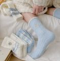 Winter Australian Velvet Socks for girls & Women Thickeneded Super Warm Blue Cartoon Bear Embroidered Bow Winter Mid-Tube Sleep Socks.