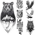【beauty code store】Mountain Tattoos Men Bear Tiger Wolf Tattoo Owl Eagle Diamond Watertransfer Realistic Black Fake Tatoo. 