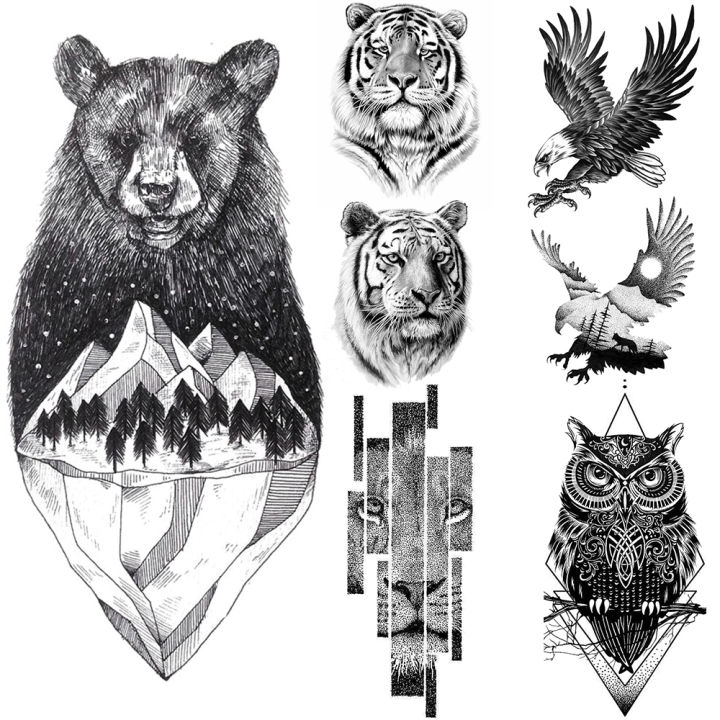 【beauty code store】Mountain Tattoos Men Bear Tiger Wolf Tattoo Owl Eagle Diamond Watertransfer Realistic Black Fake Tatoo