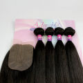 Adorable Yaki Straight Heat Resistant Fiber Natural Color Soft Synthetic Packet Hair With Free Machine Closure Amazing Yaki 4pcs.