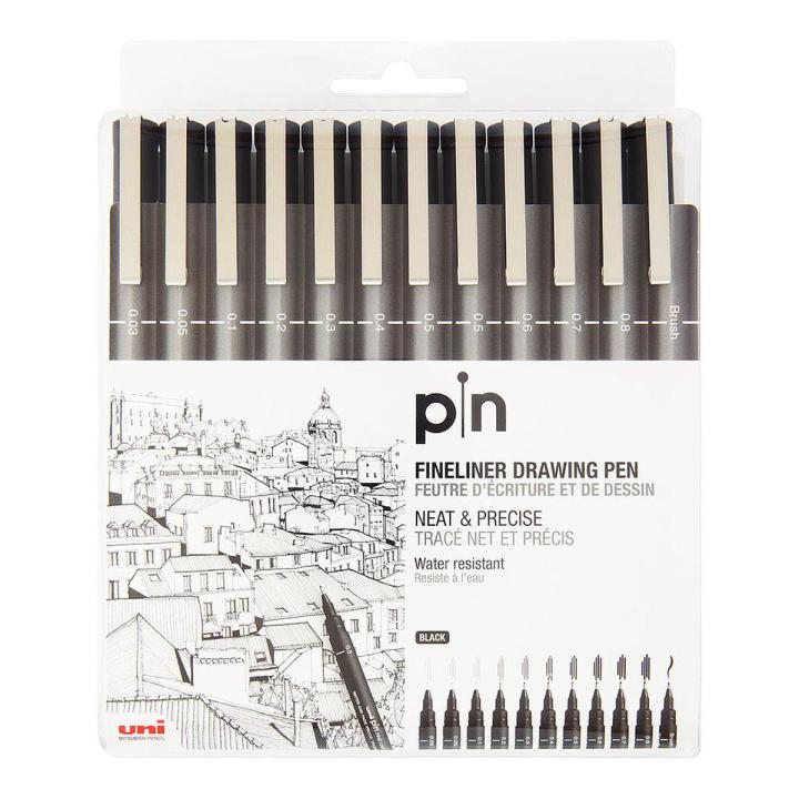Uni Pin Fine Line Pens 12 Set, Black
