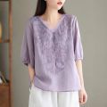 Cotton linen short sleeved t-shirt for summer wear, new V-neck embroidered artistic loose thin design, slim fit and slimming, plus size women's clothing. 