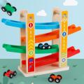 Wood Slide Race Track Baby Hand Eyes Practice Education Toy with 4 Sliding Cars for Baby Gift.