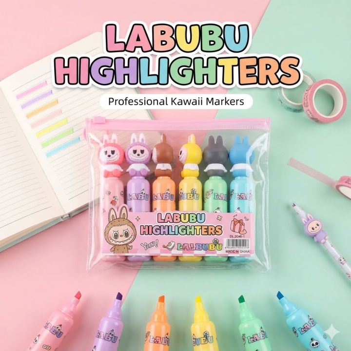 Labubu Cartoon Highlighters (Set of 6) - Cute Bottle Shaped Pastel Marker Pens for Kawaii Stationery Lovers