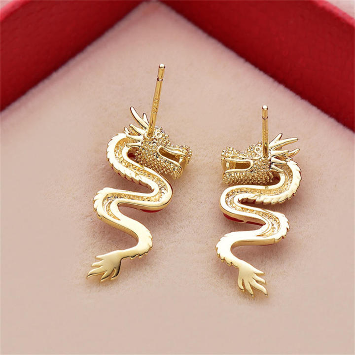 Stud Dragon stud earrings Eye-catching Chinese New Year Red Chinese New Year jewelry Personality jewelry Retro design Retro red earrings for Chinese New Year celebration Party accessory Fashion