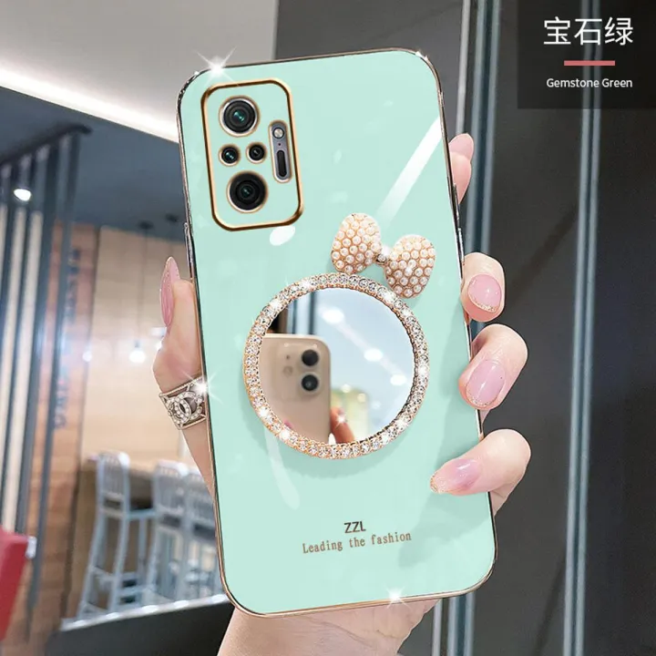 For Xiaomi Redmi Note 10 Pro Max Back Cover + Bowknot Makeup Mirror Fashion Shiny Plating Square Bumper Bling Girls Phone Case Soft TPU Silicone Shockproof Back Cover