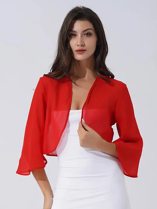 Women%203/4%20Sleeve%20Solid%20Color%20Chiffon%20Open%20Front%20Cardigan%20Bolero%20Jacket%20Shawl%20Wraps%20Spring%20Summer%20Outdoor%20Casual%20Wear%20-%20Image%204