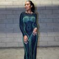 Hugcitar Striped Print Long Sleeve See Through Bodycon Maxi Dress 2023 Winter Women Y2K Evening Party Festival Clothes.