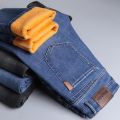2022 Winter New Men Blue black Fleece Thick Jeans Zippered Pocket Design Cargo Jeans Trendy Denim Warm Pants Male Brand Trousers.
