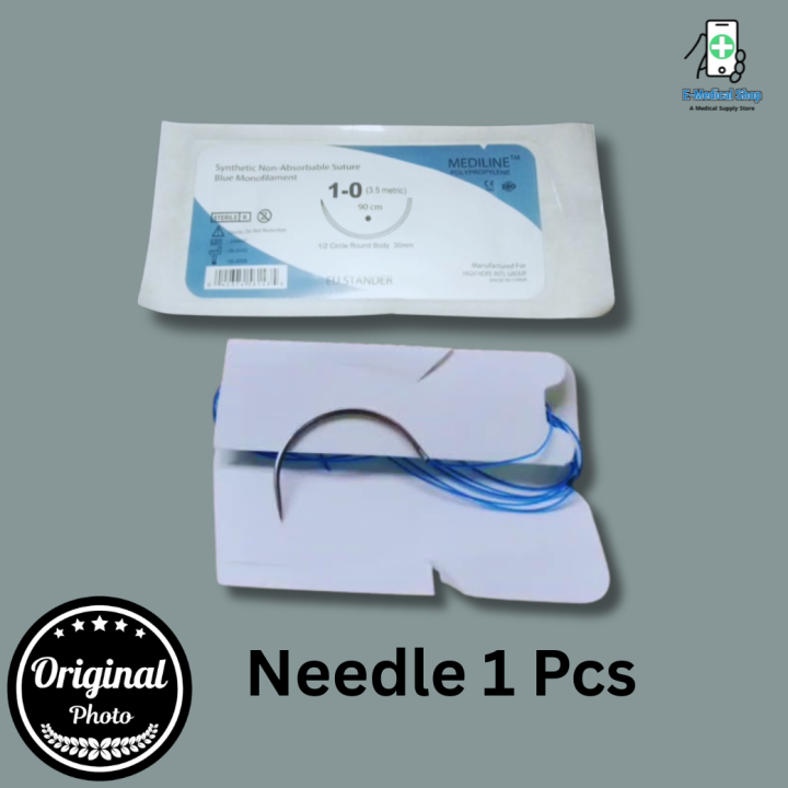 1 Pcs Synthetic Non-Absorbable Suture Blue Monofilament  – Medline 1-0 (3.5 Metric), 90cm | 1/2 Circle Round Body Needle – 30mm