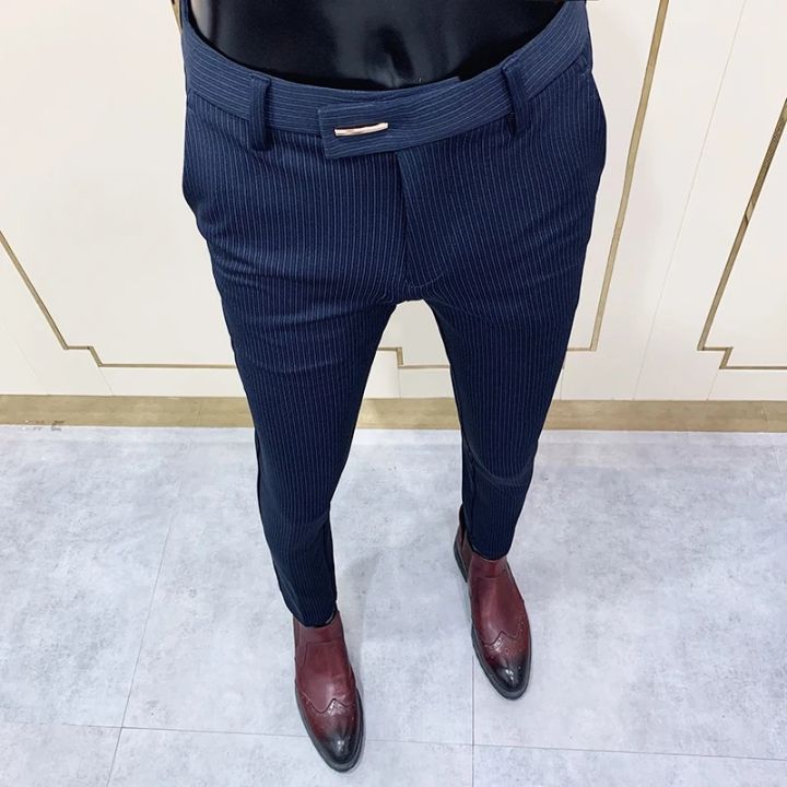 Chic Striped Navy Blue Pants Men Elegant Slim Fit Tight-ankle Suit Trousers Pants For Men Office Party Trousers Mens Dress Pants | Daraz.com.bd Chic Striped Navy Blue Pants Men Elegant Slim Fit Tight-ankle Suit Trousers Pants For Men Office Party Trousers Mens Dress Pants | Daraz.com.bd