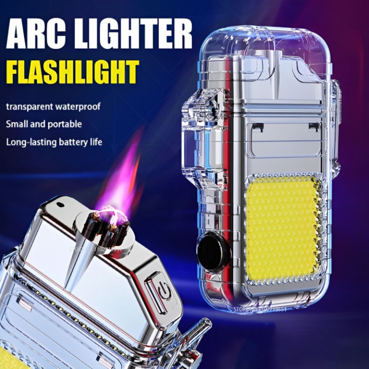 Dual arc windproof waterproof rechargeable usb electric lighter with flashlight