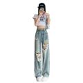 Ripped Jeans for Women Summer2023New Thin Slim Fit Loose High Waist Wide Leg Straight Pants.