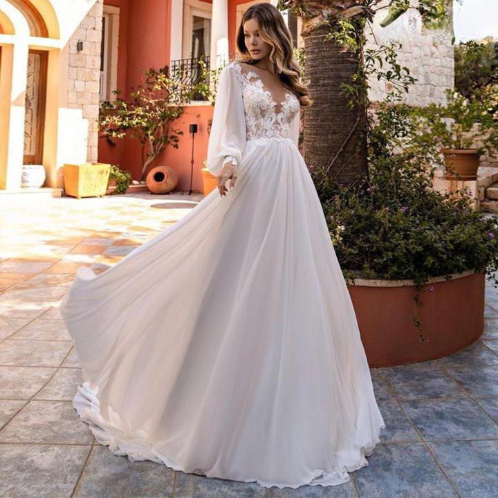 Sevintage Chiffon Long Puff Sleeves Wedding Dress Boho Appliques Lace Beach  Bride Gowns O-Neck Court Train Bridal Party Dress | Daraz.com.bd