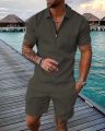 Men's Polo Suit Fashion Men Sets Mesh Printed Streetwear V-neck Short Sleeve POLO Shirt Shorts Two Pieces Men Casual Suit.