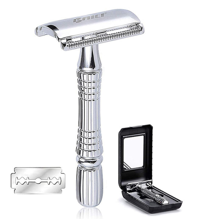 Double Edge Safety Razor Wet Shaving for Men Women with Platinum Blade and Mirrored Travel Case