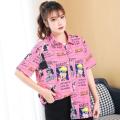 90 Short Sleeve Japanese Style Anime Print Shirt Women Couple Loose-Fitting Versatile Outerwear Women's Shirt Thin Blouse. 