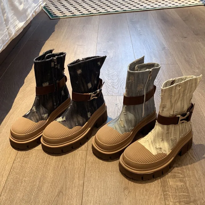 JIABUJIA/Jia%20Is%20Not%20Fake-2023Early%20Autumn%20New%20Fashion%20All-Match%20round%20Head%20Solid%20Color%20Denim%20Style%20Short%20Tube%20Motorcycle%20Boots%20-%20Image%203