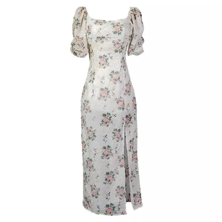 Yfashion%20Basic%20Sweet%20Floral%20%20Dress%20Square%20Neck%20Puff%20Sleeve%20High%20Waist%20Pullover%20Short%20Sleeve%20d-length%20Skirt%20A-line%20Skirt%20Split%20Dress%20color:Color%20size:S%20-%20Image%202