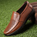 Sandals, summer men's shoes, new hollow leather shoes, men's soft soles, breathable and casual, slip-on cowhide business shoes.