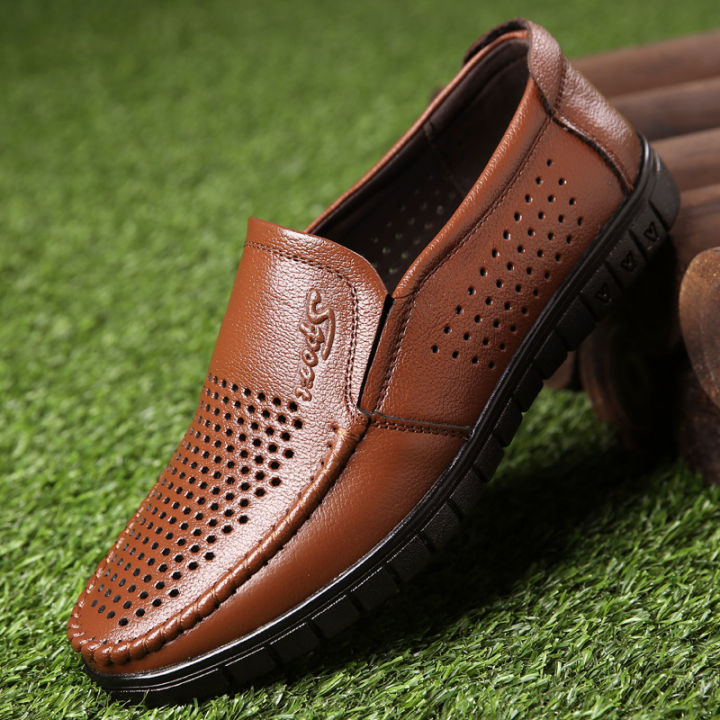 Sandals, summer men's shoes, new hollow leather shoes, men's soft soles, breathable and casual, slip-on cowhide business shoes