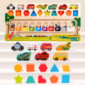 Wooden three in one. 9 shape, color classification, traffic matching, magnetic beads, walking position, early education, puzzle, and enlightenment toys. 