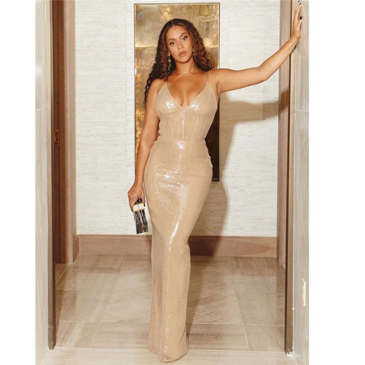 Glitter Sequins Dress Gold Spaghetti Strap V Neck Maxi Women