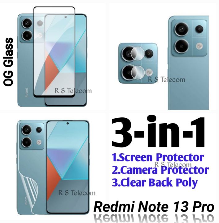 3-in-1 Combo Pack for Xiaomi Redmi Note 13 Pro:OG Glass Screen Protector + Camera Protector + Clear Back Poly
