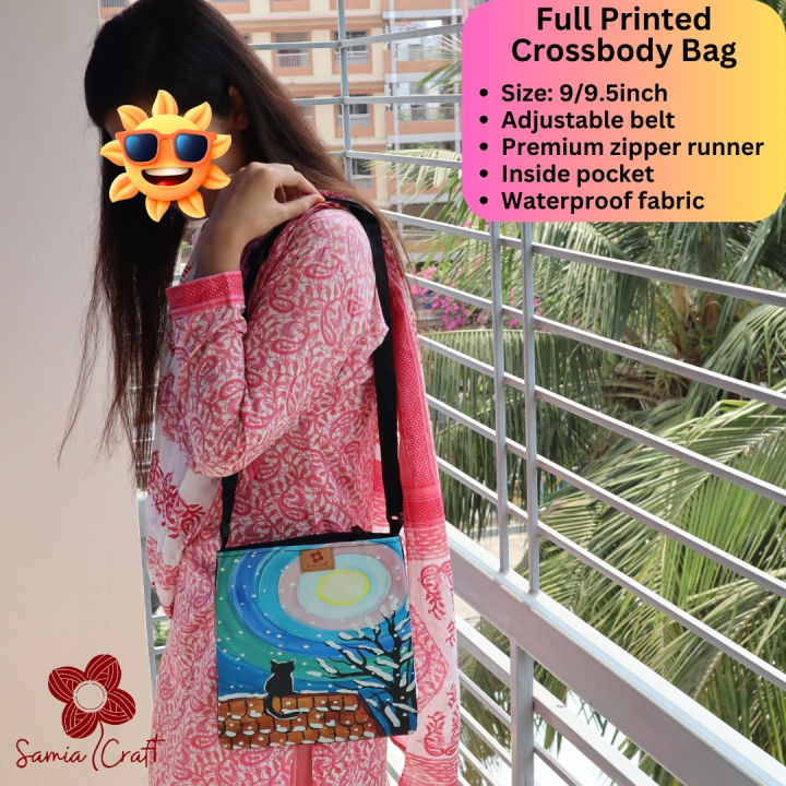 SamiaCraft Moon Black Cat Full Printed Crossbody Bag