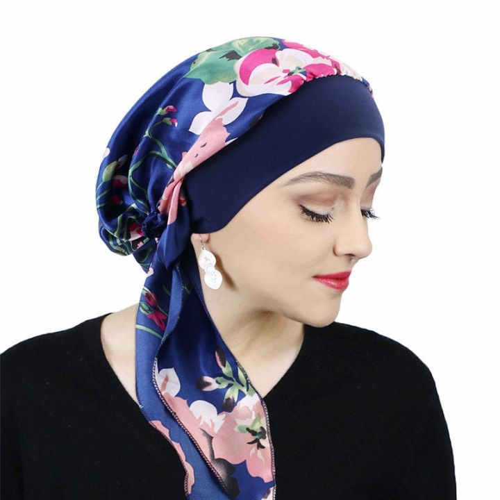 Satin Women Printed Pre-Tied Headscarf Elastic Muslim Turban