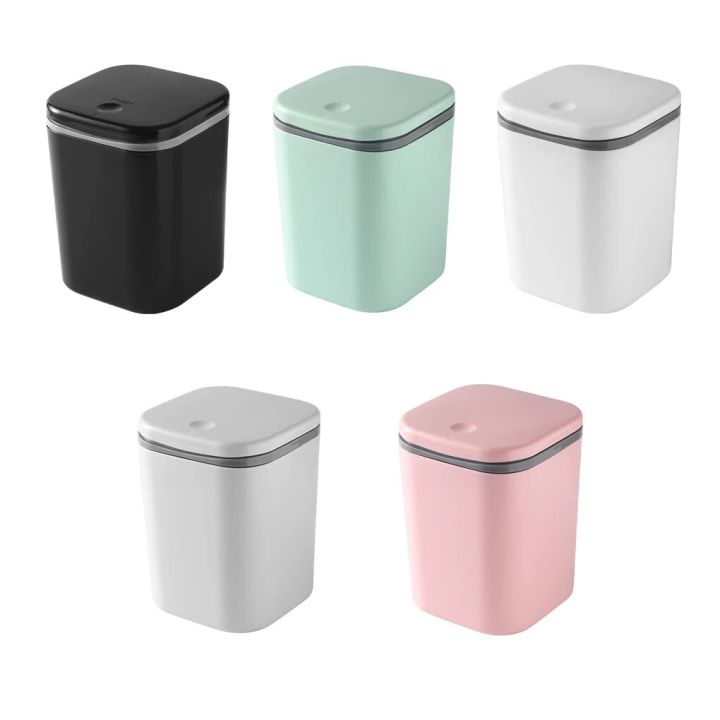 【hot】 PP Trash Garbage Can Solid Color Odorless Round Corner Button Switch Home Office Desktop Dust Bin With Lid Pink