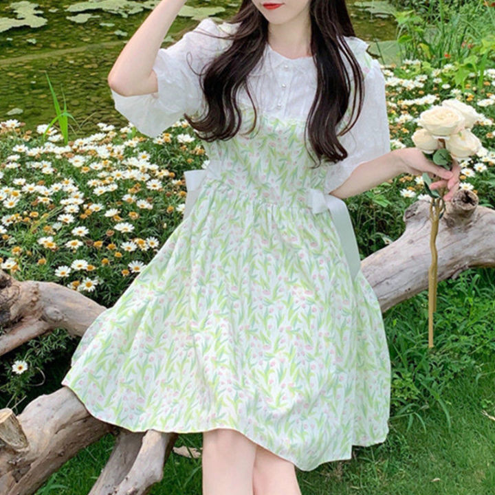 Japanese Sweet Girl Fake Two-Piece Doll Collar Dress Female Students Summer Waist Slimming A Floral Skirt
