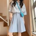 Women Summer Solid High Waist Shorts Loose Korean Style Fashion Vintage Female Knee Length Straight Wide Leg Suit Pants.