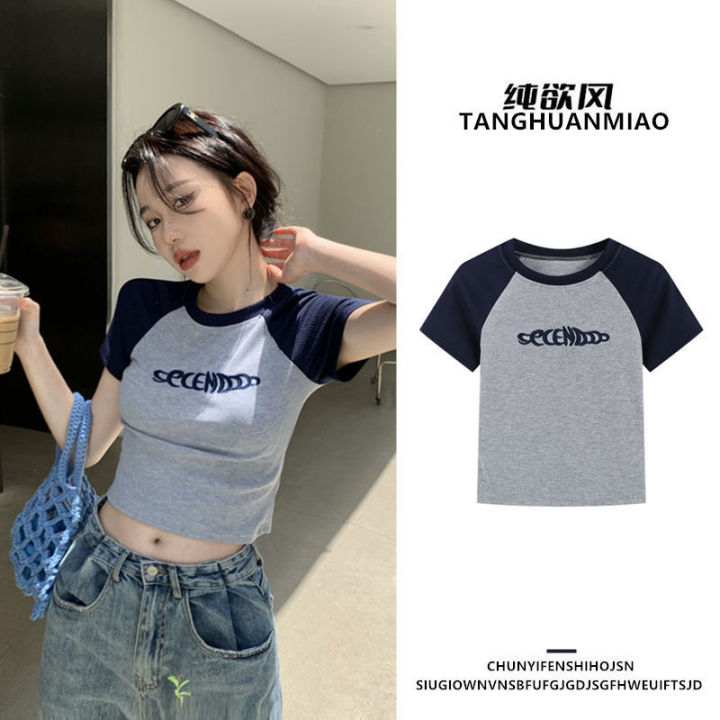 Short Sleeve T Women's Summer T-shirt ins Tide 2024 New Style Short Western Style Tight Waist Shirt Thread Hot Girl Slim Top