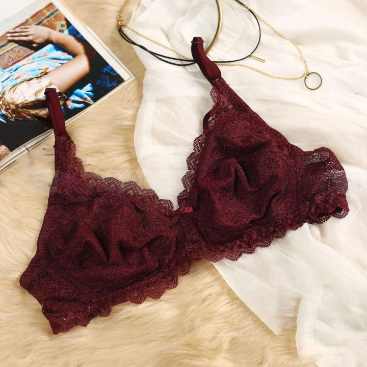 Soffy Women's Sexy Maroon Lace Bra Non-Padded, Underwire