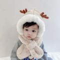 Cute Antler Baby Hat Winter Plush Warm Baby Scarf Hat Scarf Integrated Warm and Windproof 1-6 Years. 