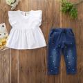 Toddler Kids Baby Girls Outfits Solid T-shirt Tops+Pearl Denim Pants Jeans Set. 
