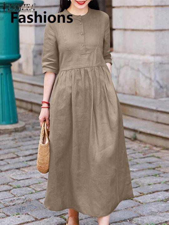 Fashions 【2025 Version】 ZANZEA Elegant Women OL Work Midi Dress Half Sleeve Sundress Solid Pleated A-line Vestidos O Neck Casual Buttons Up Robe