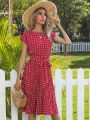Women Polka Dot Print Vestido Summer Elegant High Waist Short Sleeve Midi Dresses 2023 Beach Casual Floral Pleat A-line Sundress. 