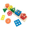 Wooden geometric building blocks for early childhood education. Shape matching, color recognition classification, and assembly five sets of pillar toys. 