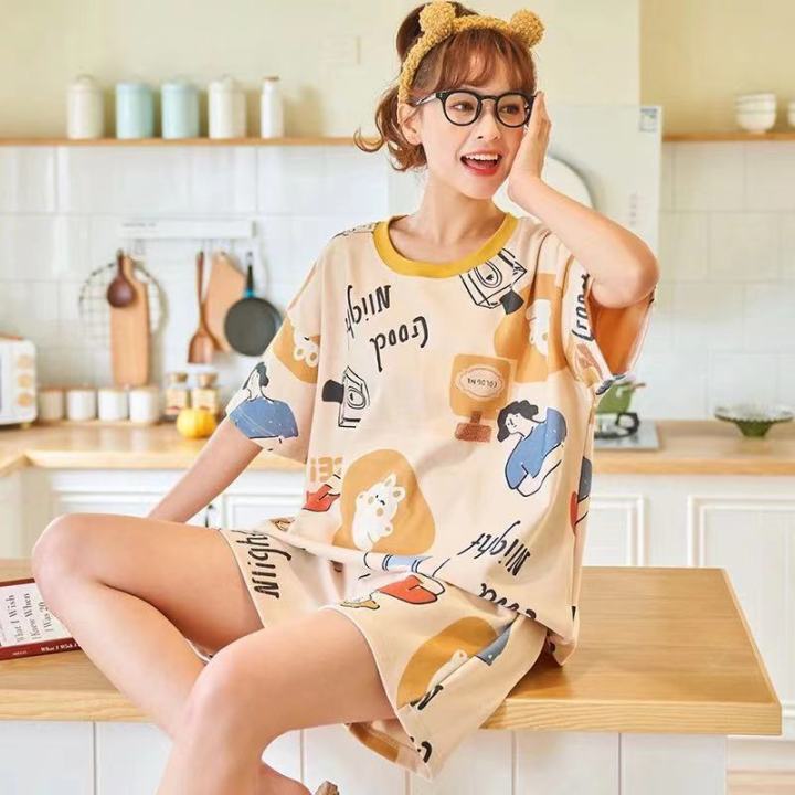 Style%20Pajamas%20Women's%20Summer%20Short%20Sleeve%20Shorts%20Two%20Piece%20Suit%20Thin%20Student%20Spring%20Summer%20Net%20Red%20Home%20Clothes%20-%20Image%203