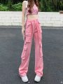Pink Jeans Overalls Women's Summer Thin High Waist Slimming and Straight Loose Casual Wide Leg Mop Pantsins. 