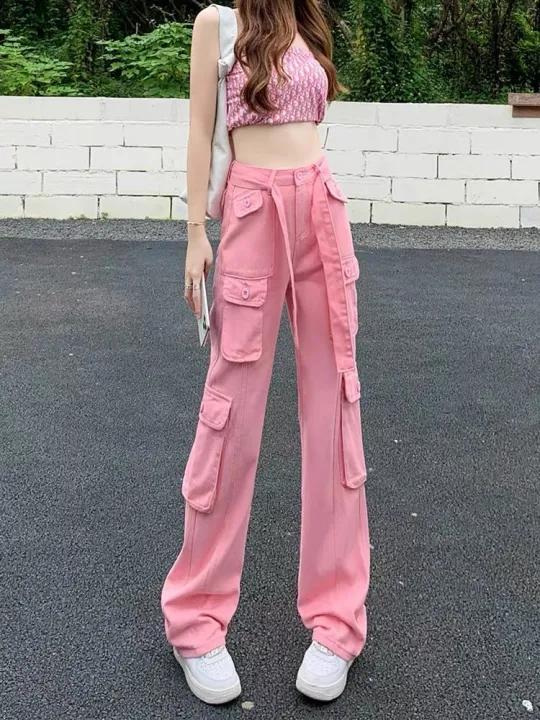 Pink%20Jeans%20Overalls%20Women's%20Summer%20Thin%20High%20Waist%20Slimming%20and%20Straight%20Loose%20Casual%20Wide%20Leg%20Mop%20Pantsins%20-%20Image%207