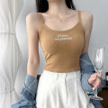 Tank Tops with Chest Pad Sleeveless Spaghetti Vest Solid Harajuku Korean Female Off Shoulder Knitted Khaki White Summer Women Tops.