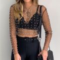 Womens Long Sleeve Sheer Mesh Tops Shiny Pearls Rhinestone O-Neck Pullover T-Shirts Blouse Slim Cover Up Party Clubwear. 