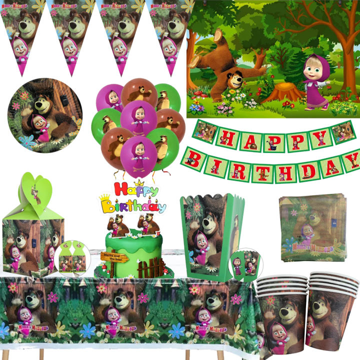 Mashas and the Bear Theme Party Decor Disposable Tableware Cup Plate Napkin Tablecloth Balloon Kids Girls Birthday Bath Supplies