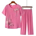 Middle-Aged and Elderly Women's ClothingTSummer Imitation Cotton and Linen Mother's Clothes Two-Piece Suit Mother-in-Law60Years Old70GrandmaTT-shirt Pants. 