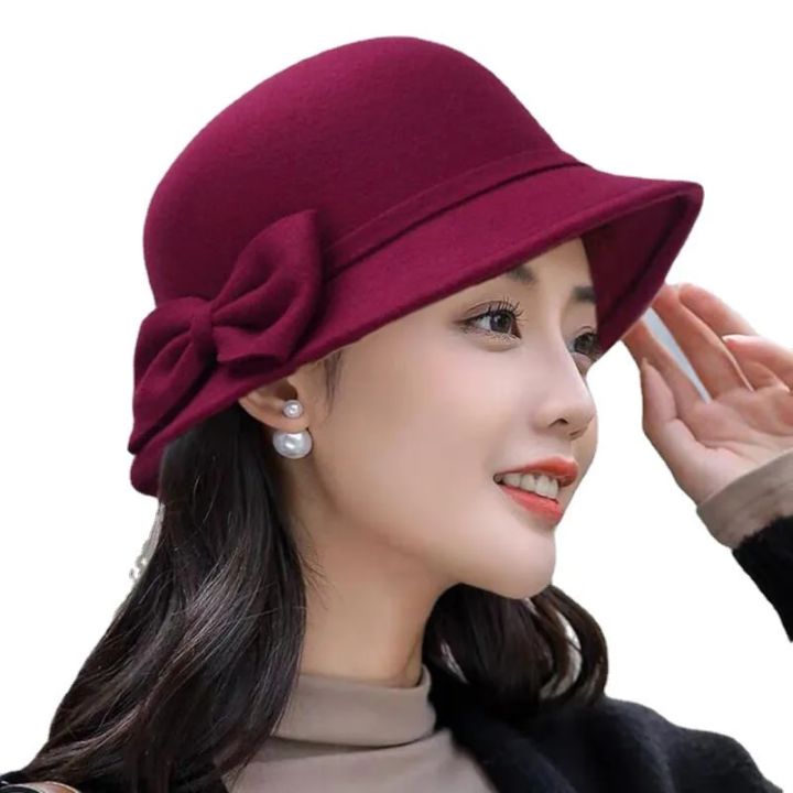 Vintage Women Bucket Cap Solid Bow Woolen Felt Fedoras Hat