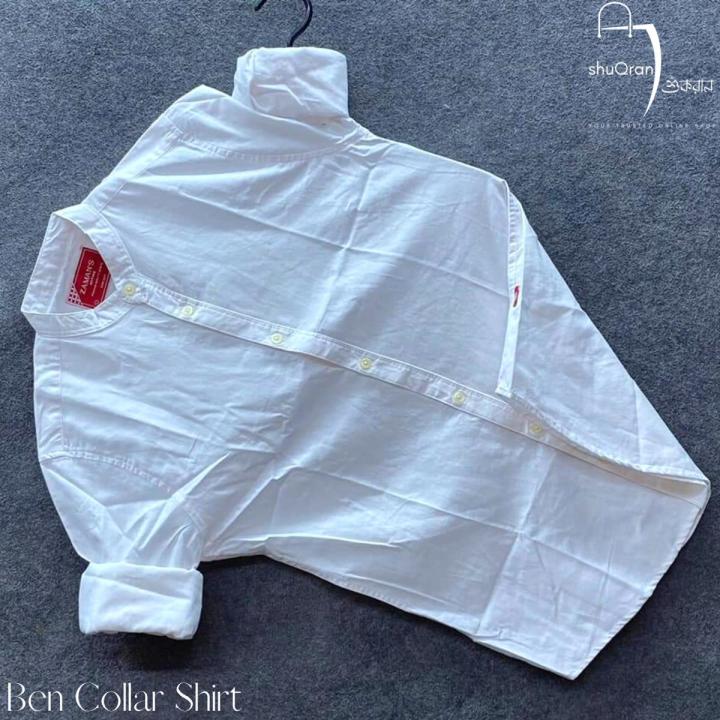 Shuqran White Cotton Ben Collar Casual Shirt For Men